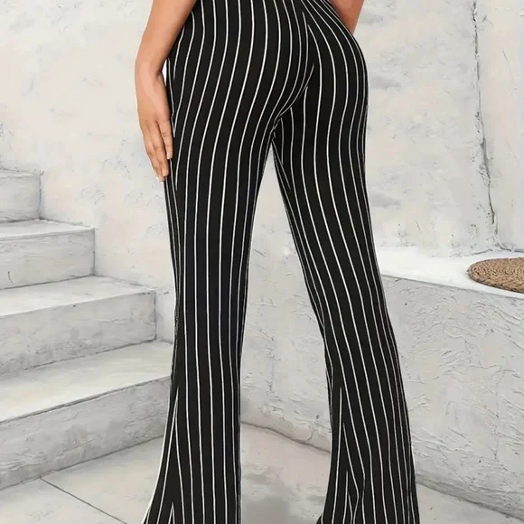 Striped High-Waist Flared Pin Striped Pants - Navy - Picture 2 of 5